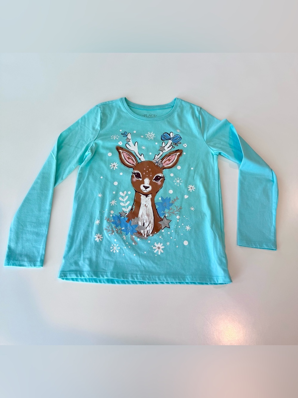 The Children’s Place Aqua Long-Sleeve Tee with Rain Deer Graphic, Size M (7-8)
